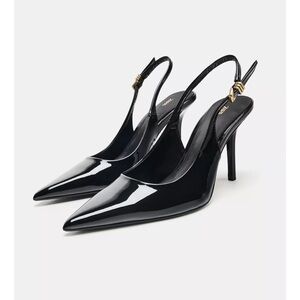 Zara Black Patent Pointed Toe Slingback Heels